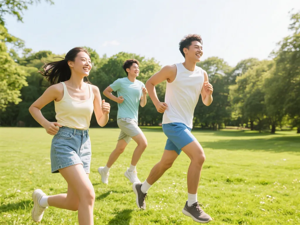 年轻人在绿色公园慢跑，充满活力